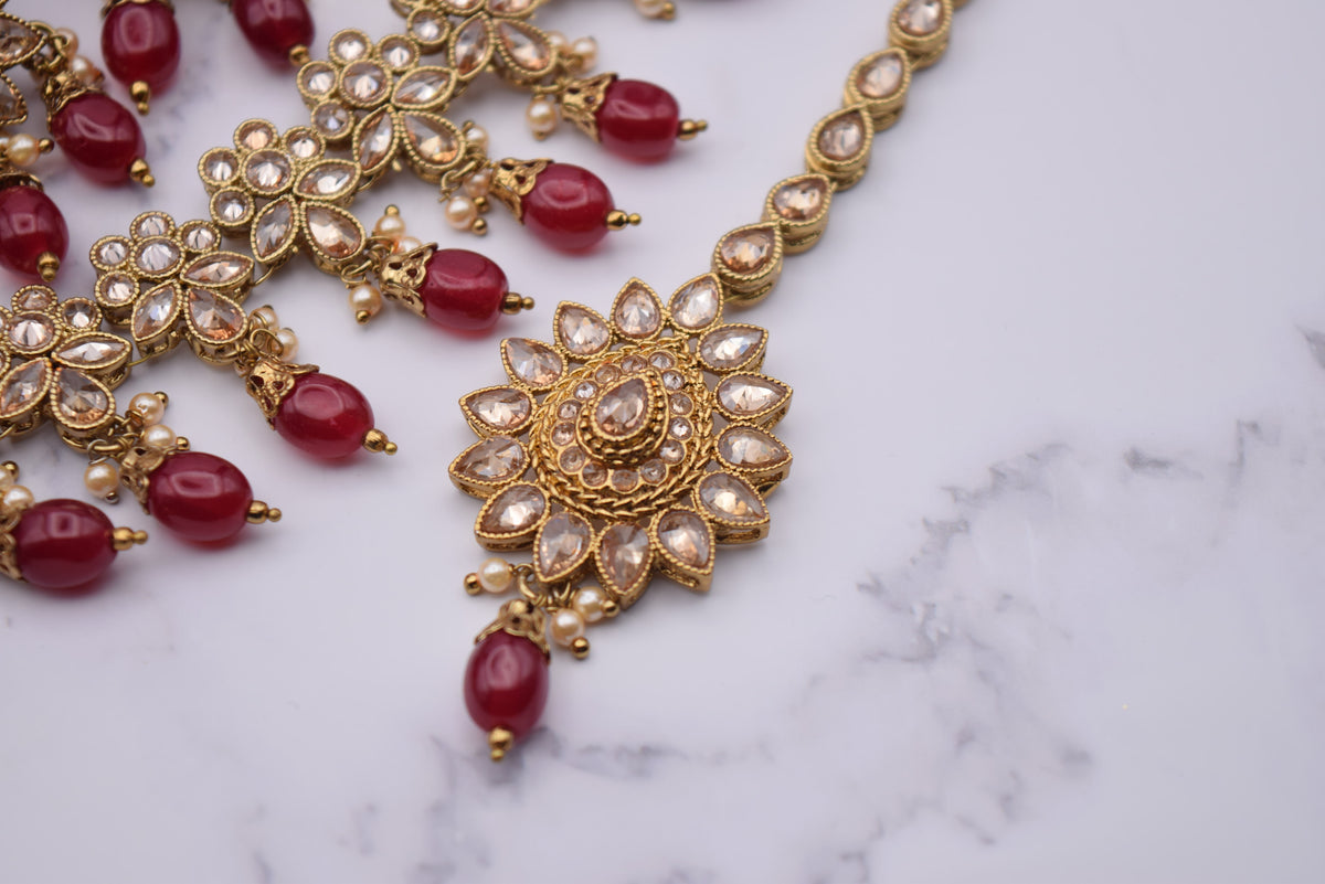 Indian Jewelry - Polki Necklace Set With Earrings and Tika
