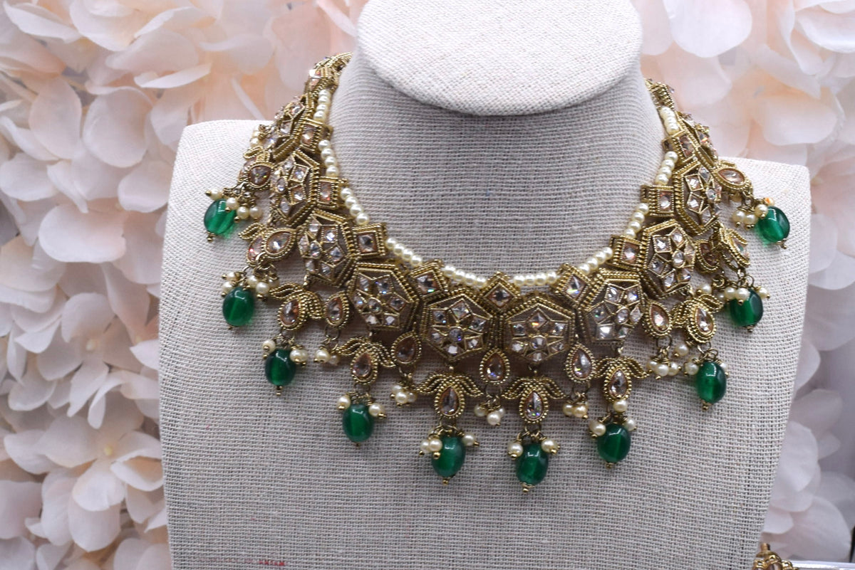 Indian Jewelry - Green Polki Necklace Set In Antique Finish