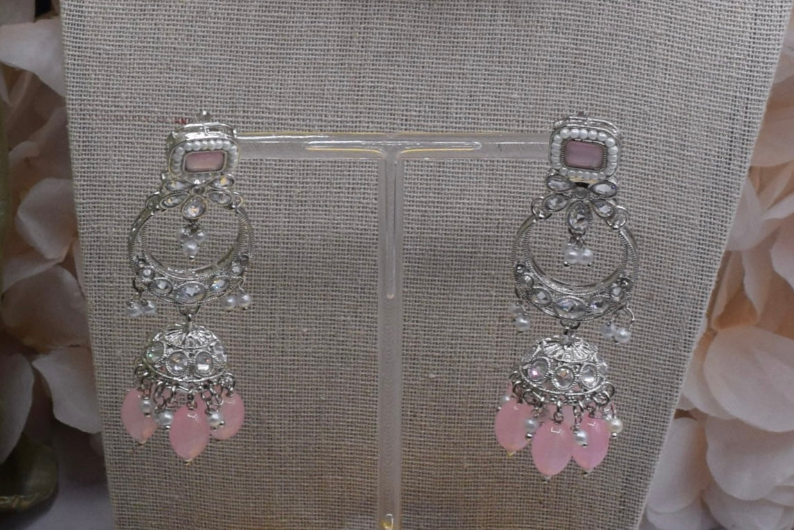 Indian Jewelry - Pink Polki Necklace Set In Silver Finish