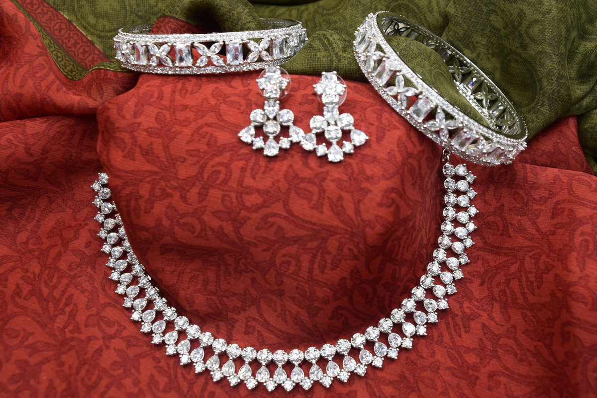 Indian Jewelry - Simulated Diamond Necklace Set With Earrings