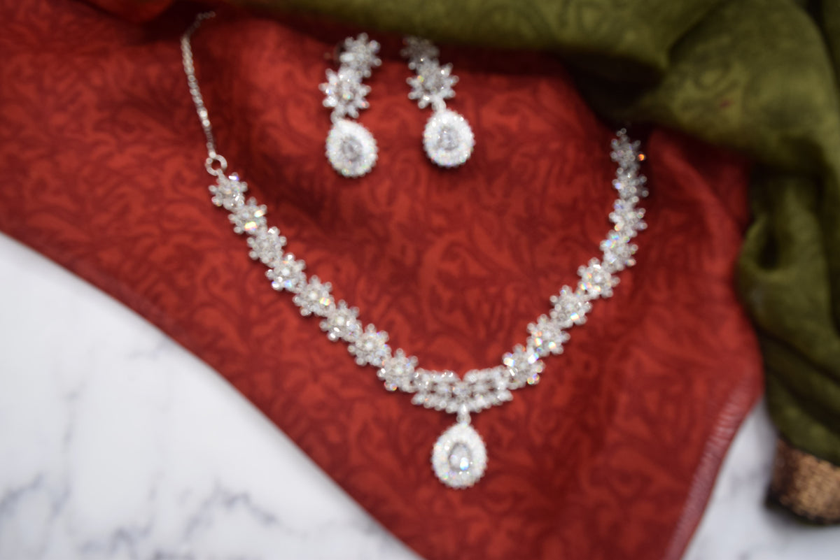 Indian Jewelry - Simulated Diamond Necklace Set With Earrings