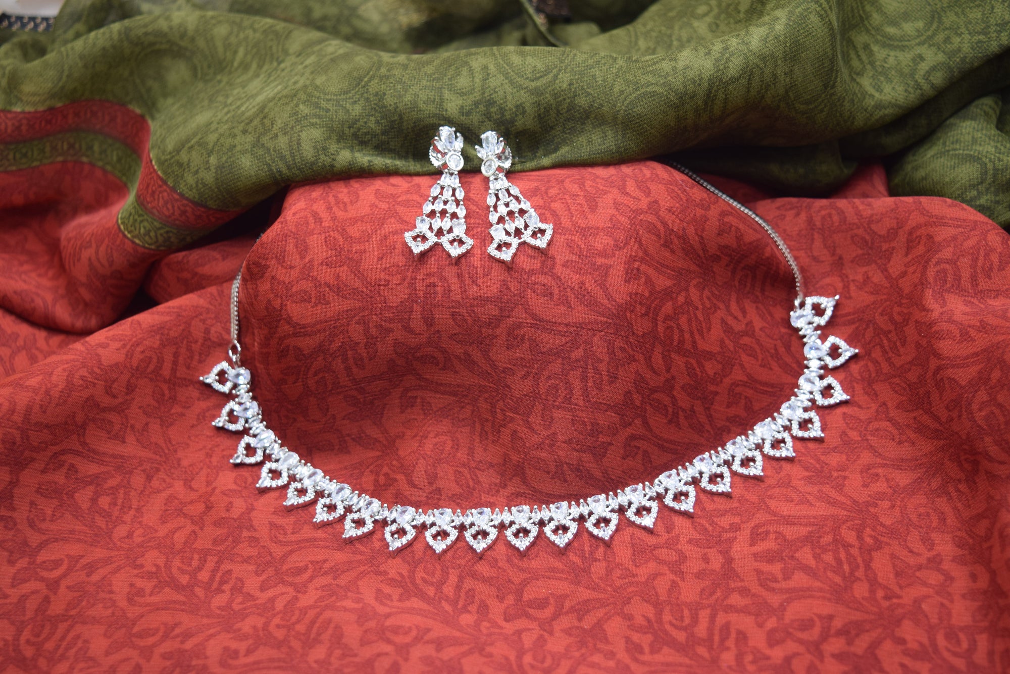 Indian Jewelry - Simulated Diamond Necklace Set With Earrings