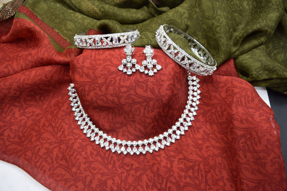Indian Jewelry - Simulated Diamond Necklace Set With Earrings
