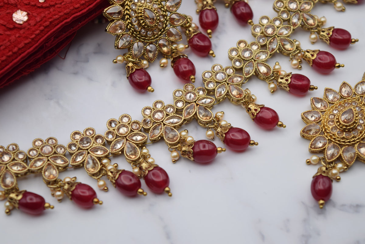 Indian Jewelry - Polki Necklace Set With Earrings and Tika