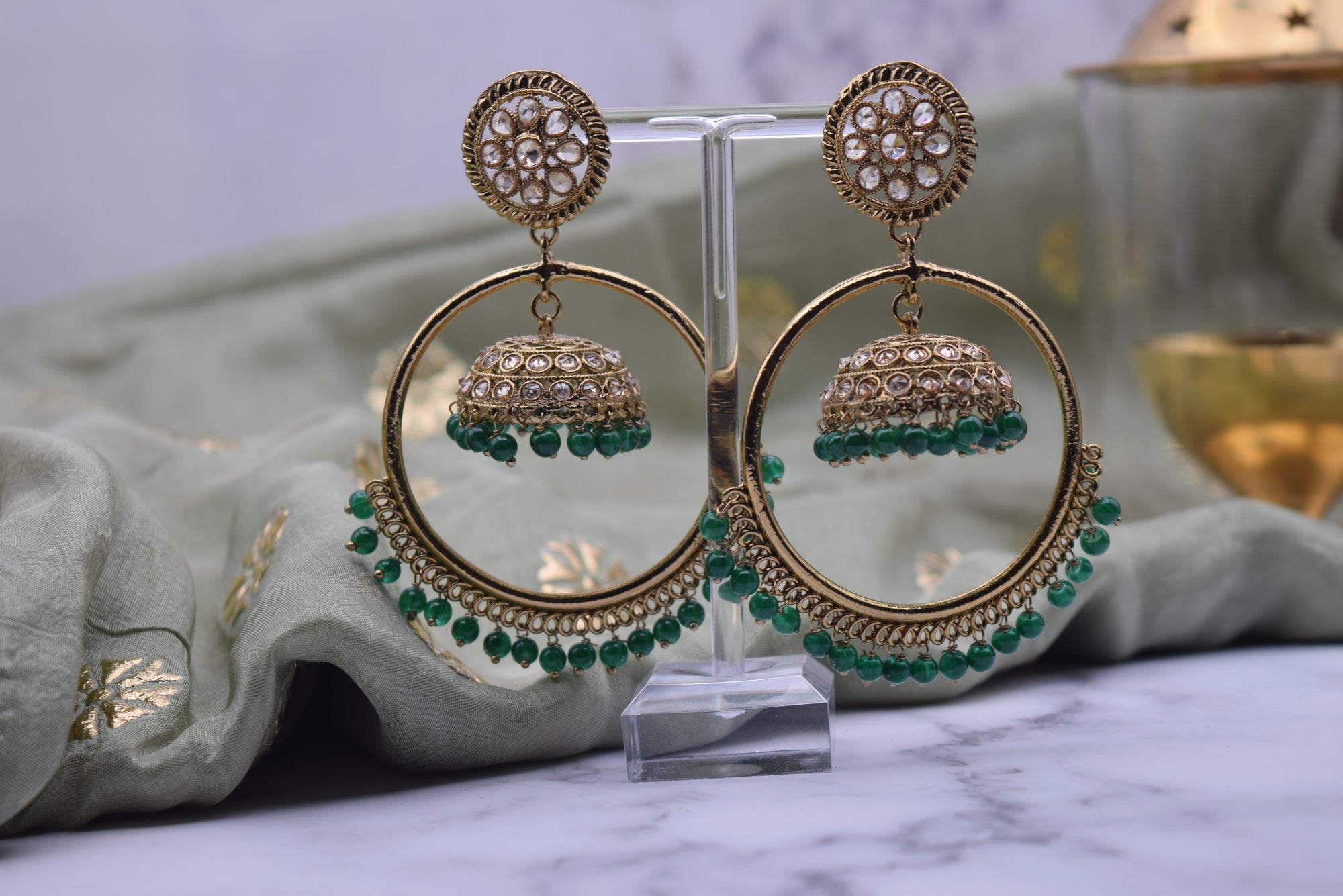 Indian Jewelry -Green Polki /Reverse AD Earrings Set