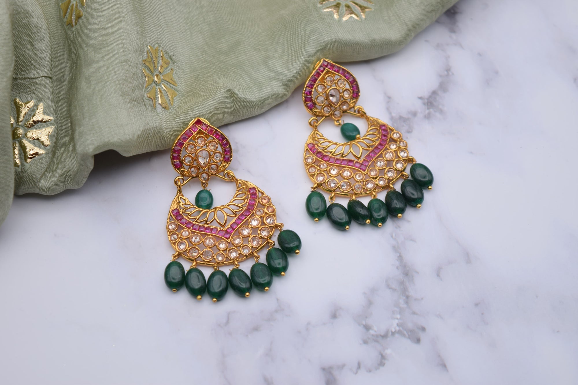 Indian Jewelry - Multicolored Polki Earring Set with Green Beads and Rani Stones