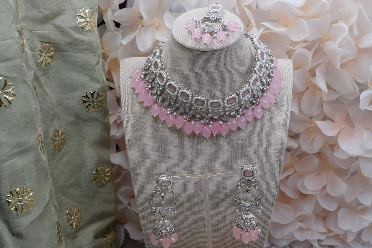 Indian Jewelry - Pink Polki Necklace Set In Silver Finish