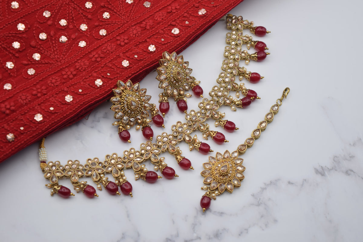 Indian Jewelry - Polki Necklace Set With Earrings and Tika