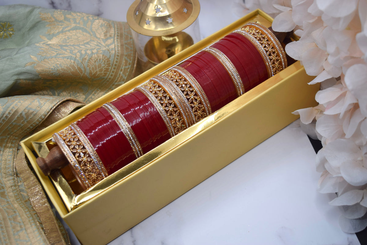 Indian Bride - Classic Bridal Choora In Red With Simulated Diamond Kade