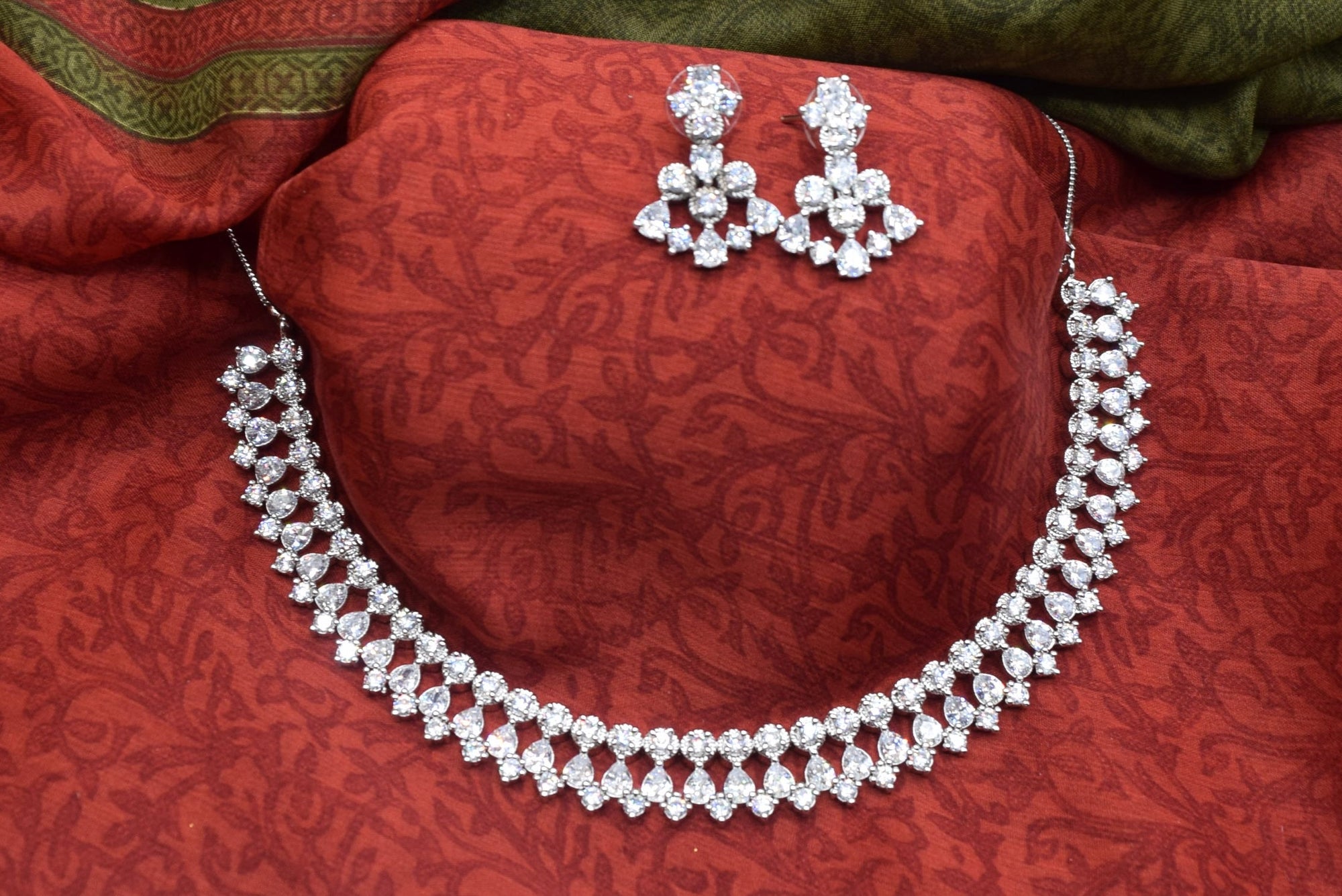 Indian Jewelry - Simulated Diamond Necklace Set With Earrings