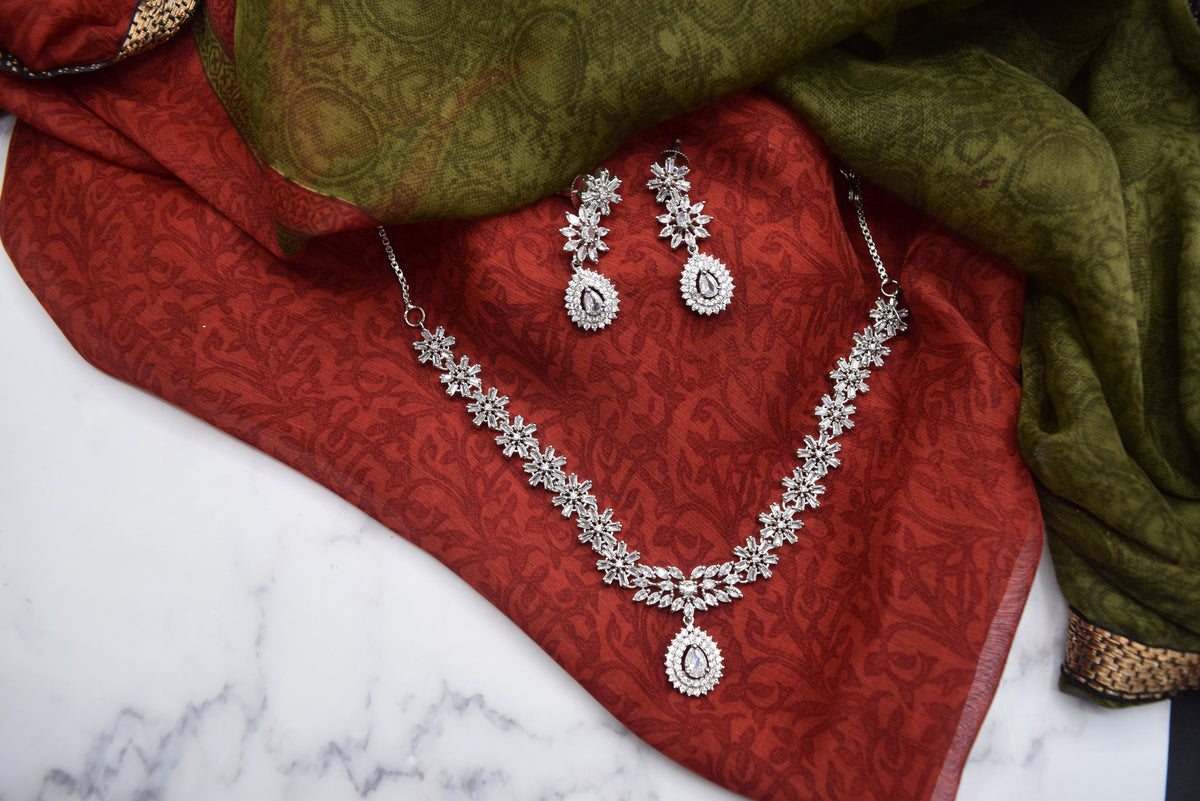 Indian Jewelry - Simulated Diamond Necklace Set With Earrings