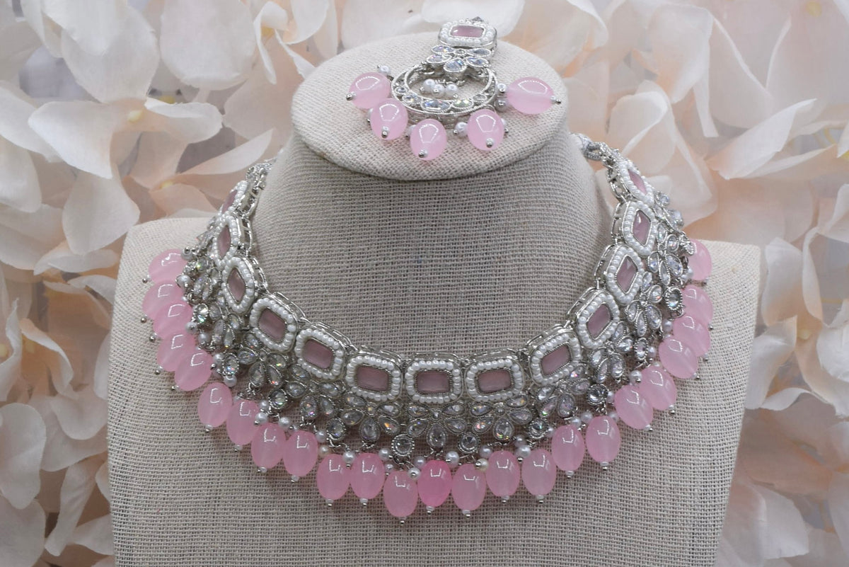 Indian Jewelry - Pink Polki Necklace Set In Silver Finish