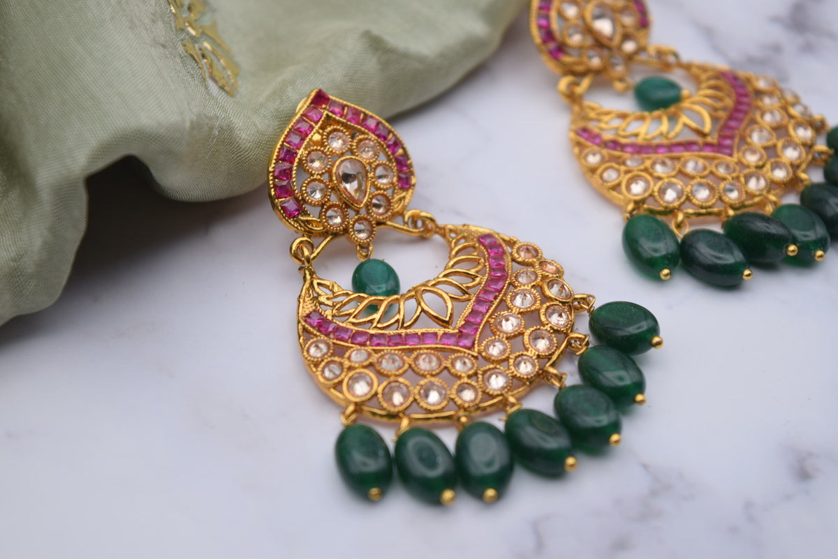Indian Jewelry - Multicolored Polki Earring Set with Green Beads and Rani Stones