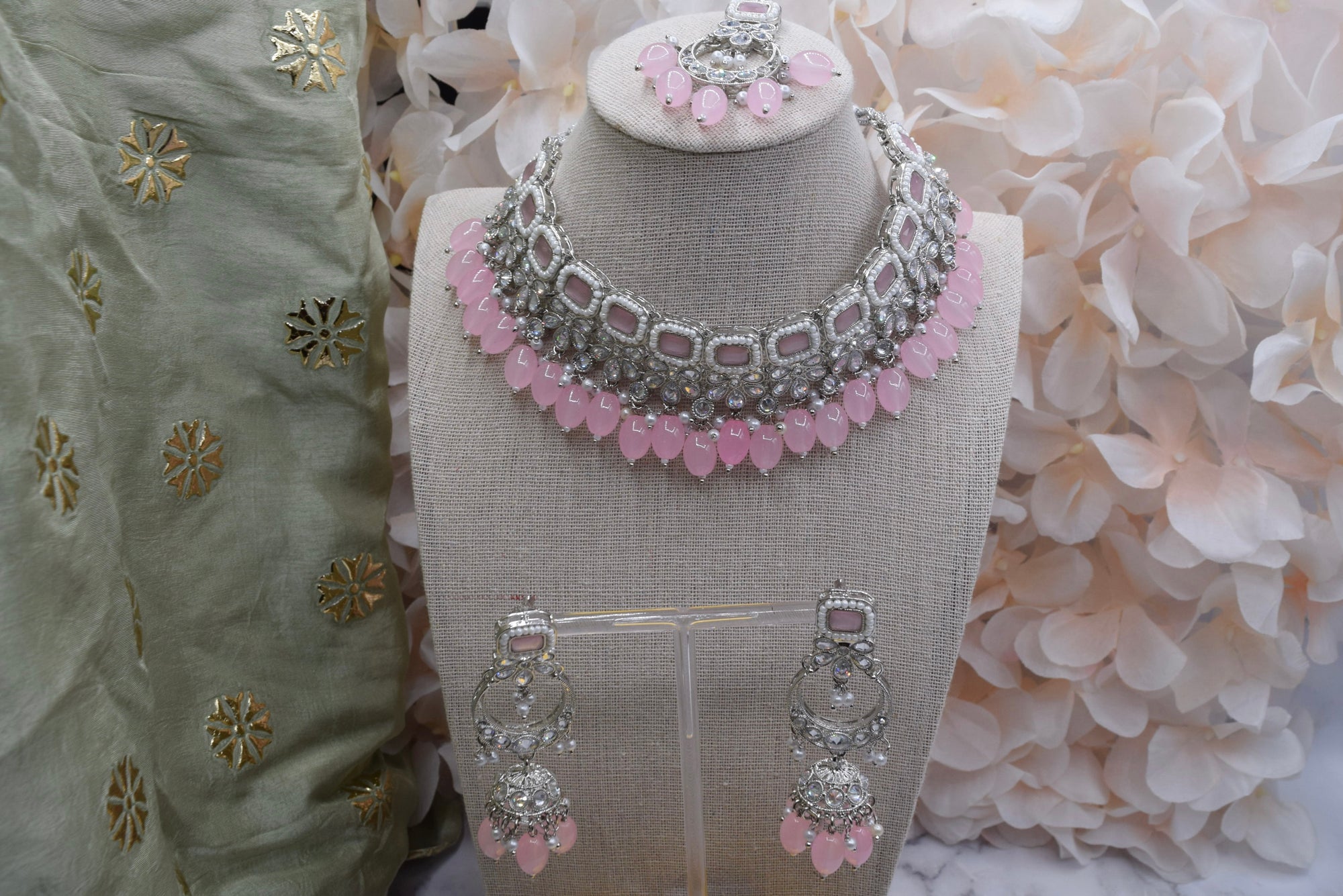 Indian Jewelry - Pink Polki Necklace Set In Silver Finish