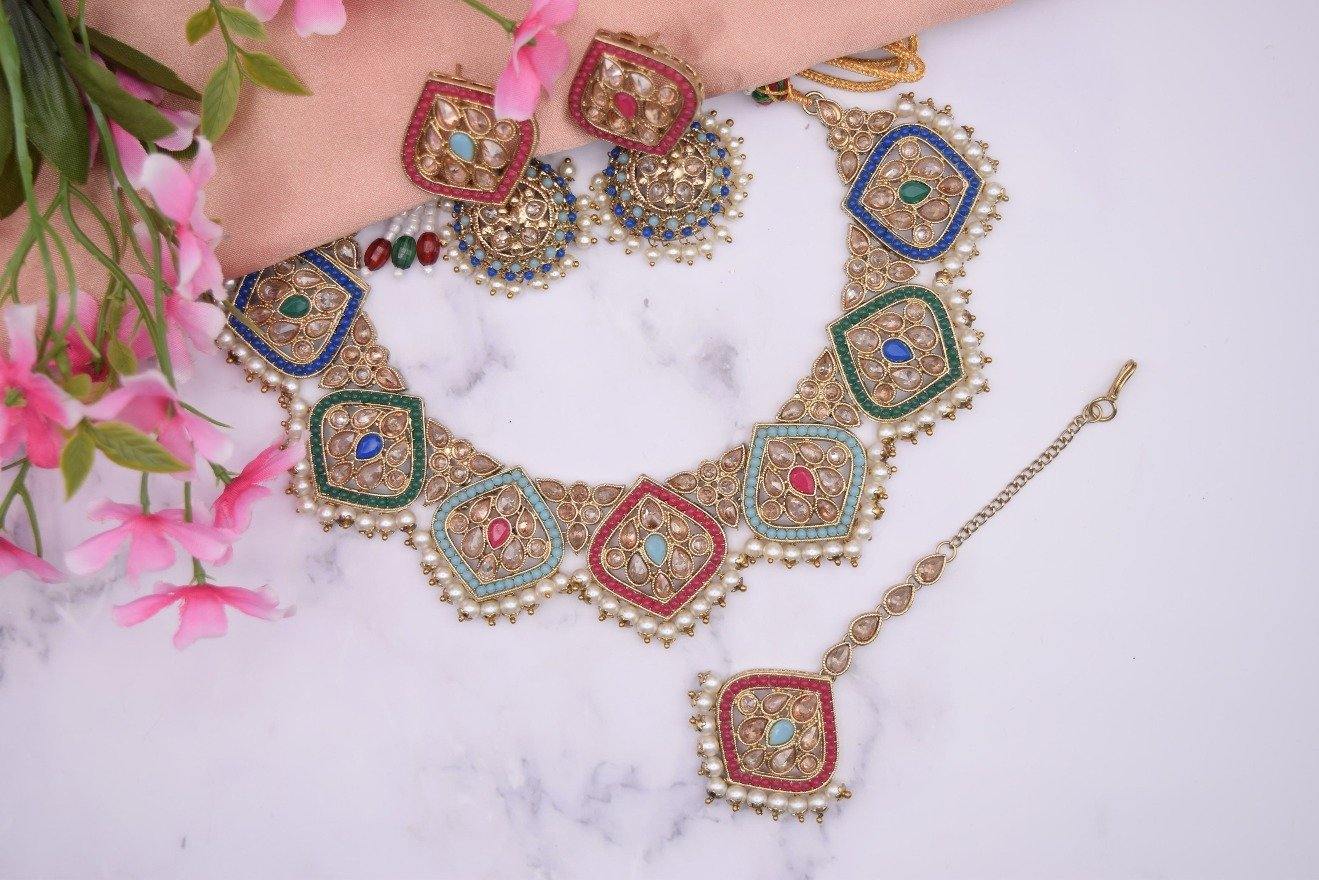 Indian Jewelry - Multi Colored Polki Necklace Antique Finish